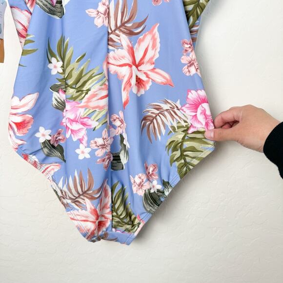 Kona Sol Floral One Piece Swimsuit Blue Pink Ruffle NWT Large - Picture 7 of 12